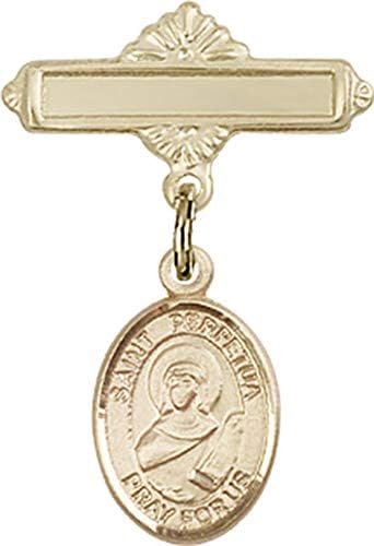 Jewels Obsession Baby Badge sa šarmom St. Perpetua i poliranom značkom / 14k Zlatna bebina značka sa šarmom St. Perpetua i poliranom