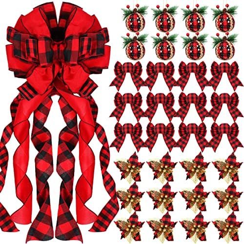 33 komada rustikalnog bivola plaićnih božićnih ukrasa, uključujući 12 bivola plaid kuglice i 12 bivola provjere poinsettias, 1 plairani