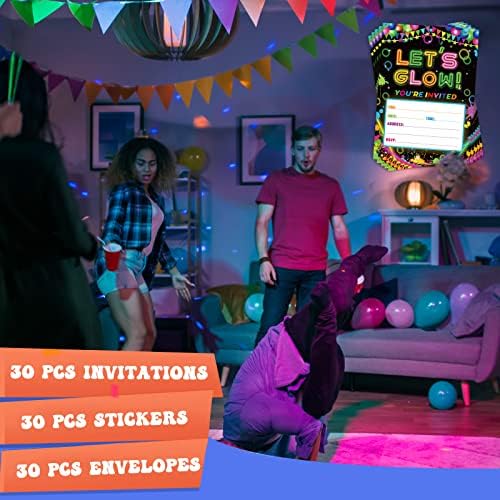 30 paketa Glow pozivnice za rođendanske zabave Glow neonska zabava favorizira neonske pozivnice za zabave sa 30 bijelih koverti i 30 neonskih naljepnica za dječake djevojčice djeca odrasli pozivnice za rođendanske zabave