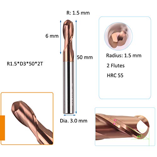 3 komada-rezač za mlin sa kugličnim nosom 1,5 mm, Prečnik drške 3,0 mm, Dužina 50 mm, HRC 55 volfram izdržljivi Glodalica za metalni