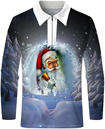 XXBR božićne muške polo majice s dugim rukavima Zip up navraćen vrat na vrhu smiješni Xmas Santa Claus Snowflake Print golf majice