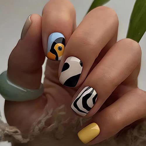 Francuski lažni nokti kratka presa na noktima Crna Bijela mandarina patka lažni nokti sa vrtložnim dizajnom Zebra-Stripe Extra kratki akrilni nokti sjajni štap na noktima umjetni nokti za žene djevojke