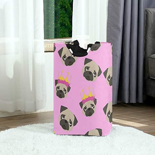 Yyzzh Cartoon Mops kruna za pse na ružičastoj velikoj torbi za veš korpa torba za kupovinu sklopiva poliesterska korpa za veš sklopiva torba za odeću sklopiva kanta za pranje