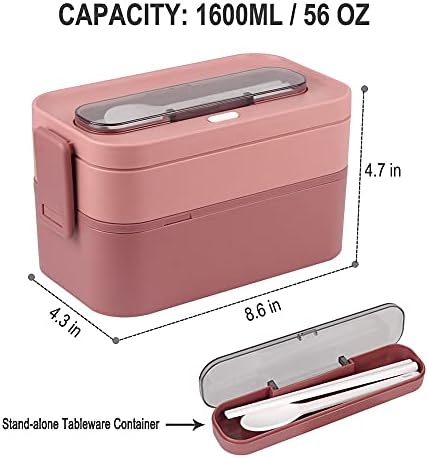 NatraProw Bento kutija za ručak za odrasle, posuda za ručak sa 2 sloja za slaganje, velika bento kutija za odrasle od 1600 ml, ugrađeni Pribor, Bento kutije bezbedne za mikrotalasnu pećnicu, nepropusne, bez BPA, Pink