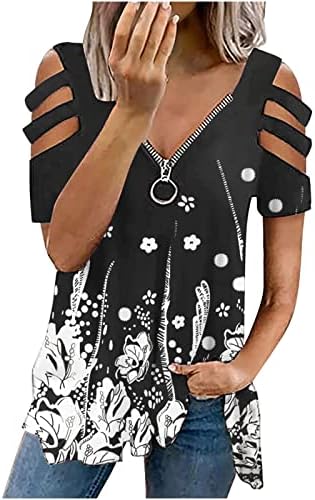 Ljetna majica za žene patentni zatvarač na vratu hladne rame Ters cvjetni ispisani labavi bluzini tunike za gamaše