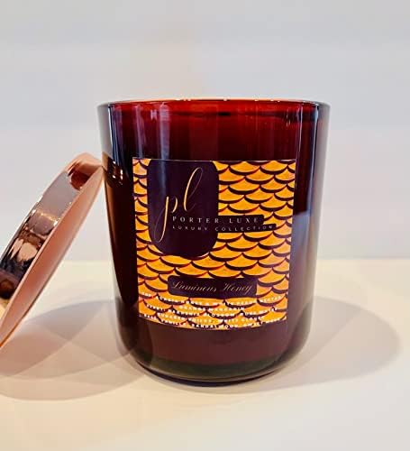 Porter Luxe Luxury Collection | Svjetlosni med | Premium Wood Wick | Svi prirodni kokosov marelica | Čist produžena vremena sagorijevanja
