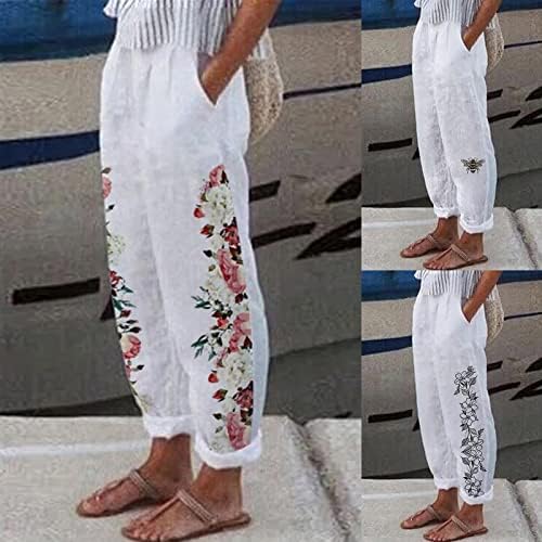 Felwors ženske posteljine pantalone sa džepovima, salonske hlače lagane tiskane ljetne dno cvjetne pantalone