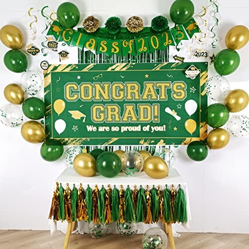 2023 Set za diplomiranje uključuju zelenu i zlatnu klasu 2023. Baner čestitke, backdrop papir pompomi viseći vrtloge i balone za viši školske proslave