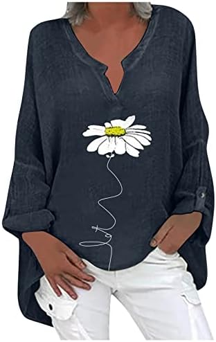 Fragarn majice s dugim rukavima za žene Ljeto Plus sizene pamučne vrhove Boho Print Lable Fit s dugih rukava Bluza s bluzom V izrez