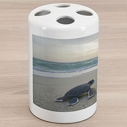 Mjeralna morska kornjača keramička držač četkica za zube, miluta fokusirana fotografija male vodene životinje na pješčanoj plaži u vrijeme izlaska, ukrasno svestrano kolonop za kupatilo, 4,5 x 2,7, višebojna