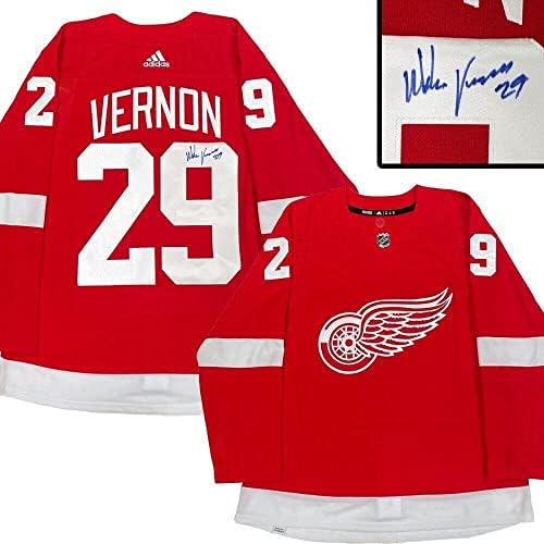 Mike Vernon potpisao je Detroit Crvena krila Red Adidas Pro Jersey - autogramirani NHL dresovi