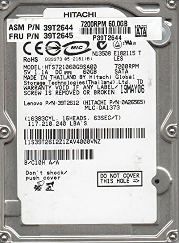 HTS721060G9SA00, PN 0A26565, MLC DA1373, HITACHI 60GB SATA 2.5 Hard disk