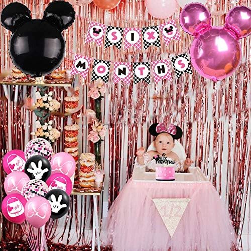 158 kom Minnie polu rođendana dovodni materijal, minnie 6 mjeseci pozadina, stolnjak, ploča, ploča, minnie well well wanct wanger, toppers, baloni, pribor za djevojčice