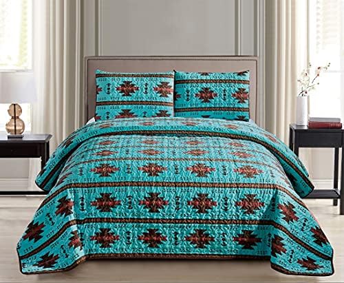 Jugozapadno teal / Burgundija / Brown Print Seedpread 3 komada Navajo / Intive američki dizajn Microfiber Cabin Lodge Laght Težina prekrivača - kralj prevelika posteljina posteljina