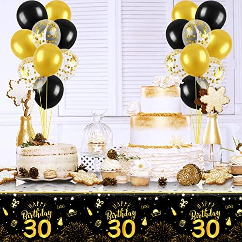 TURSTIN 2 PACK 30. rođendan stol za stol za stol plastični crni zlato sretan 30. rođendan stolnjak pravokutne partijske stolnjak 54 x 108 inča sa 18 balona za zabave ukras rođendan