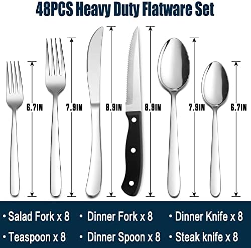 Set srebrnog posuđa za teške uslove rada od 48 komada za 8, HaWare set posuđa od nerđajućeg čelika sa debelim noževima za odreske, fensi pribor za jelo za kućne svadbene zabave, uključuje nož, viljušku, kašiku, može se prati u mašini za sudove