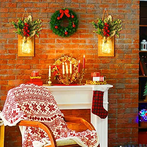 2 komada božićne zidarske staklenke sconce crvene bobice rustikalne masonske jarse sconce božićni zidni viseći dekor sa LED trakom