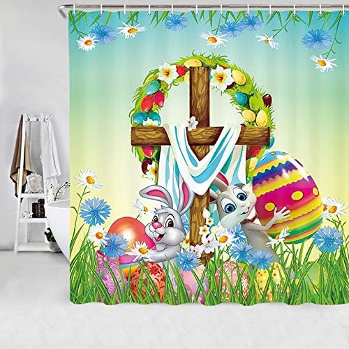 Jawo uskršnja tuš zavjesa, smiješna zečica koja ima uskrsnu šarenu jaja na travi vodootporno tkanine za zavjese za kupatilo, dekor