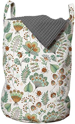Ambesonne cvjetna torba za veš, latice botaničkog lišća Doodle Ladybugs ukrašene geometrijskim oblicima, korpa za korpe sa ručkama zatvaranje Vezica za pranje veša, 13 x 19, Seafoam narandžasto Bijela