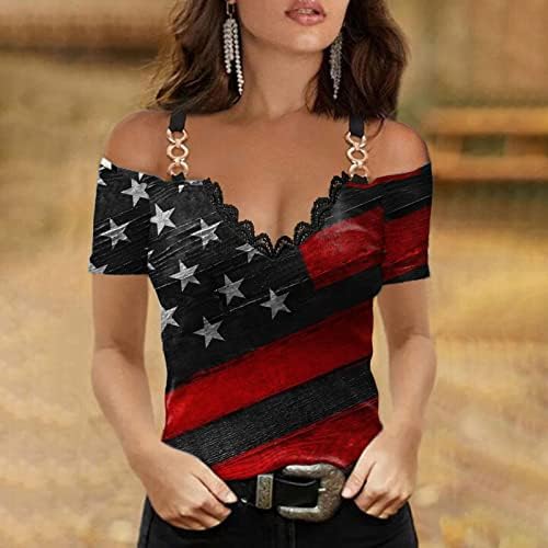 Hoxine Women Sexy Off Tops Modni metalni lančani trake Tunic V izrez 4. jula Thirts Američka zastava Ispiši majice
