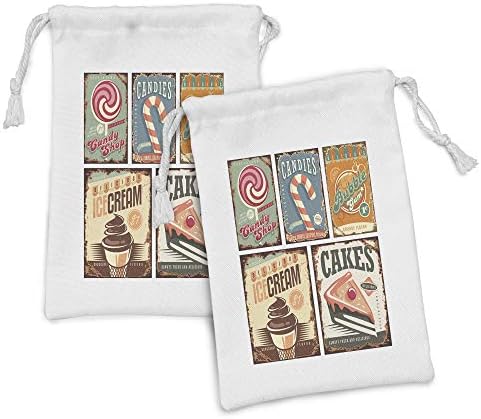 Lunadljiva vintage tkanina na 2, nostalgic 50s Candy Store Dizajn i sladoled i torta i guma za mjehuriće, mala torba za izvlačenje