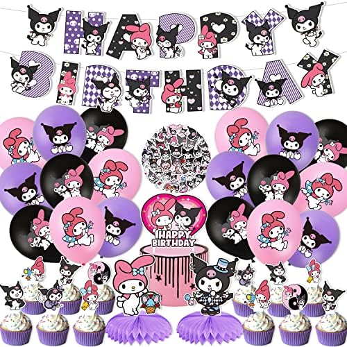 Anime tema potrepštine za rođendanske zabave, 96kom ljubičaste Kawaii cartoon dekoracije za rođendanske zabave uključuju baner za Sretan rođendan, dekoracije za torte, balone, središnji dio tematske zabave, naljepnice