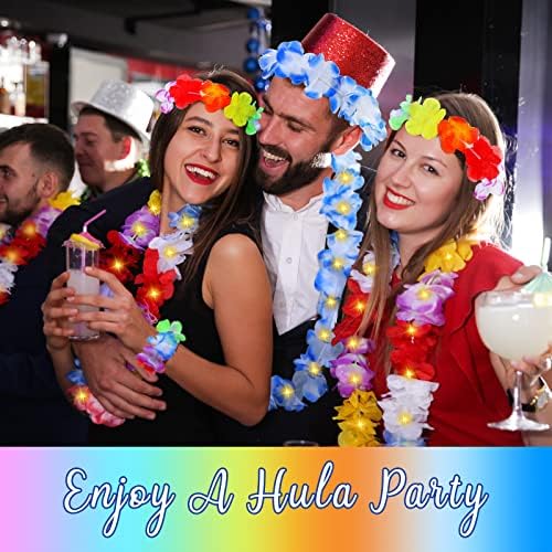 96 kom Havajski cvijet Leis Bulk ogrlica traka za glavu i narukvice sa 24 kom LED žičana svjetla za vjenčanje rođendan ljeto plaža odmor bazen Luau Party Dekoracije tropska tema Party Favors