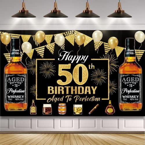 Whiskey Happy 50th Birthday Banner party dekoracije za muškarce, crno zlato u dobi do savršenstva 50 rođendanske potrepštine, Whisky tematske Cheer i pivo tematske 50 godina rođendan Poster Photo Booth rekvizite dekor