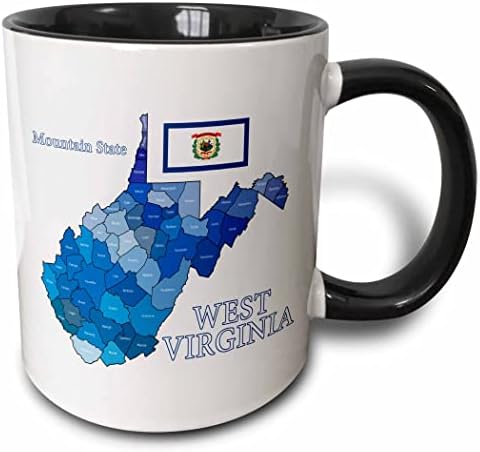 Zastava 3drose i karta okruga Zapadne Virdžinije sa imenom države i nadimkom šolja, 11 oz, Crna