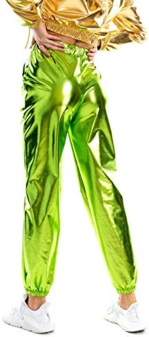 SIAEMRG ženski sjajni metalni visoki struk rastezljivi jogger hlače, mokri pogled Hip hop klub nosi holografske pantalone