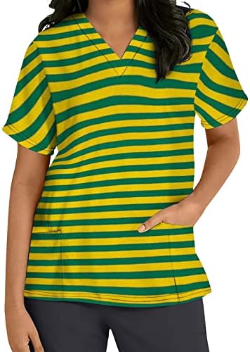 V izrez Spandex za tinejdžerke kratki rukav Colorblock grafički radni piling uniforma prugaste bluze žene 2023 5S