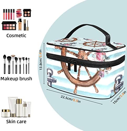 Yoyoamoy Travel Makeup Organizator, vodootporna kozmetička torba za skladištenje s ručkom, velika šminka za teen djevojke dame estetski sidreni kompas s cvijećem plave linije