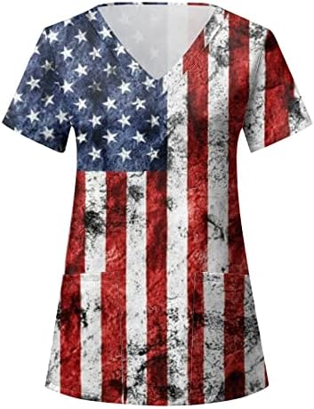 Četvrti majica 4. jula za žene USA zastava Ljeto kratki rukav V-izrez s 2 džepa za odmor smiješno casual radne odjeće