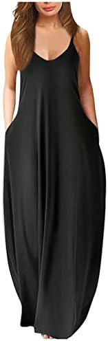 Ženska ljetna maxi haljina casual labava haljina bez rukava s džepom od kategorije haljine iz vrata iz vrata CAMI Flowy haljine