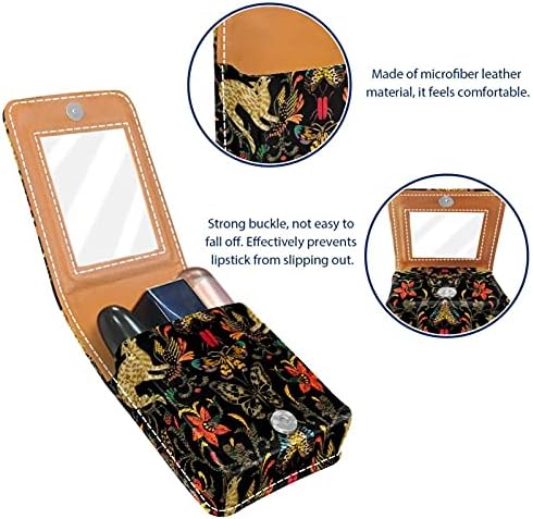 Portable Makeup ruž za usne za putovanja, Fantasy Cats Firebirds Vintage Butterfly Mini ruž za usne kutija za odlaganje sa ogledalom za žene dame, kožna kozmetička torbica
