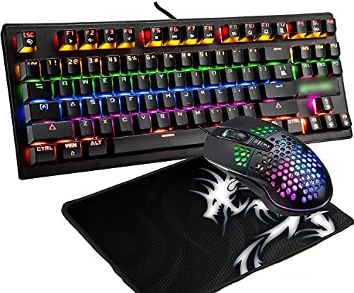 Računarska mehanička tastatura, žičana Dugina LED pozadinsko osvjetljenje 87 tipki vodootporna igračka tastatura,miš za igranje 6400 DPI RGB miš i podloga za miš za PC PS4