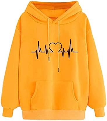 WYTong ženske Casual Hoodie Heart Graphics Dugi rukav pulover pulover duksevi labave bluze sa kapuljačom sa džepom