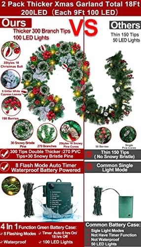 [2 kom i tajmer 8 LED vertificial božićni vijenac sa svjetlima baterijama pogorla 18 crvena kugla 300 savjeta Snowy Pine 198 Berry