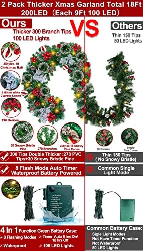 [2 kom i tajmer 8 LED vertificial božićni vijenac sa svjetlima baterijama pogorla 18 crvena kugla 300 savjeta Snowy Pine 198 Berry 6 Cypress list 18 Pinecone Xmas Sliver Decoration Indoor Mantle