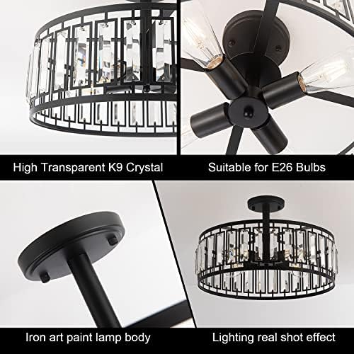 Larootsi Modern Crystal Semi Flush Mount stropno svjetlo industrijski blizu stropnog svjetla kristalni bubanj luster 4-svijetlo crni