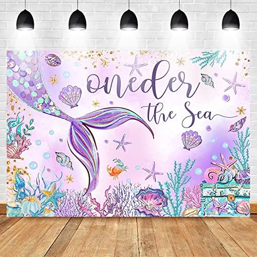 Mocsicka Oneder mora 1. rođendan pozadina 7x5ft ljubičasta sirena pod morem Happy First Birthday Party dekoracije za djevojčice Starfish