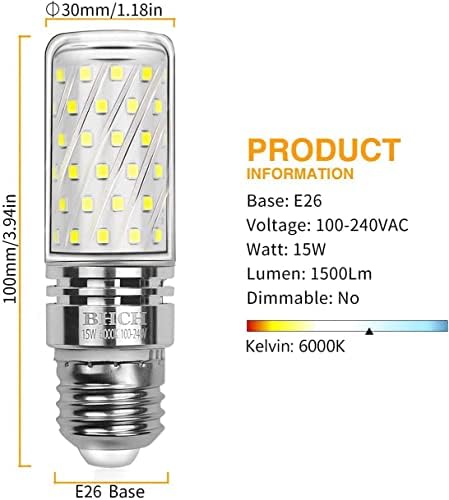 BHCH LED kukuruzne sijalice 15W, E26 Edison vijčane sijalice, ekvivalentne sijalice sa žarnom niti 120W, Daylight White 6000K, bez zatamnjivanja, pakovanje od 4