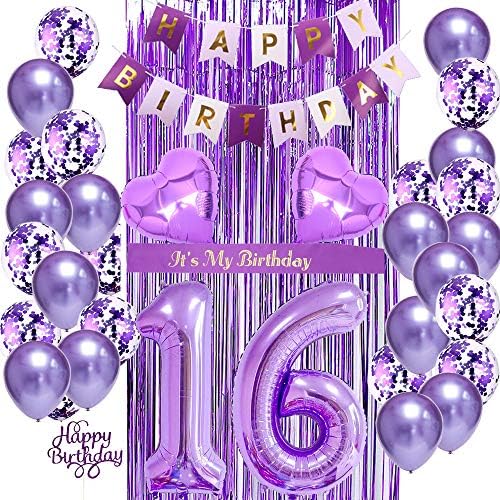 16. rođendanski ukrasi za djevojčice, 16. rođendan balone ljubičaste, 16. rođendan ukrasi, ljubičasti baloni, to je moj rođendanski krila, točki za torte, rođendanski baner za 16. rođendan ukrase za rođendan