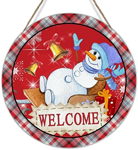 Jingle Bell Snowman Dobrodošli na drveni zidni dekor Sign Snowman Božićna vješalica za božićne ploče Plaid Crvena zida Art Sign Novogodišnji