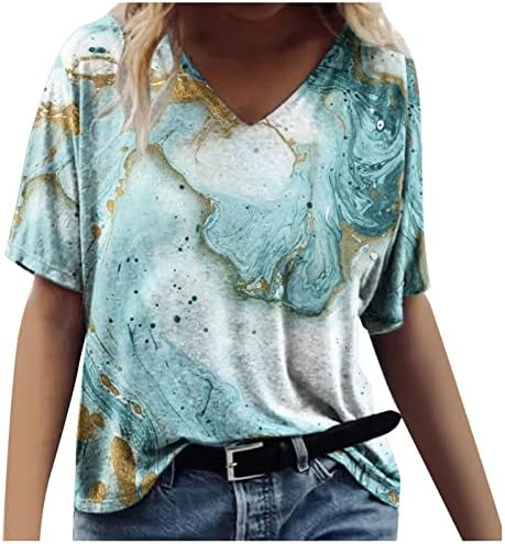 Ženski ljetni labavi vrhovi novitet kratki rukav Mramor Tee štampani V izrez svakodnevno nošenje udobne bluze Blusas