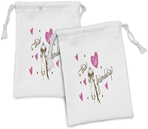 Ambesonne Pony tkanina TOUCH Set od 2, kurzivno pismo ovoga je prijateljstvo koje sjedi ptica na konjima romantična srca, male torbe za vuče za toaletne potrepštine, 9 x 6, ružičasta umber bijela