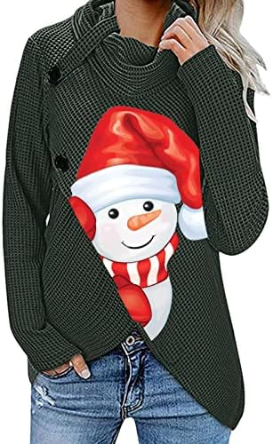 Božićne kostime za žene snjegović grafički vafle pletene pulover Dukseri Turtleneck Gumb Asimetrični skakač