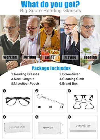 Wemootants Prevelike naočale za čitanje za muškarce Square Reader Light Fashion Readers 1.0 1,25 1,5 1,75 2,0 2,25 2,5 2,75 3,0 3,5