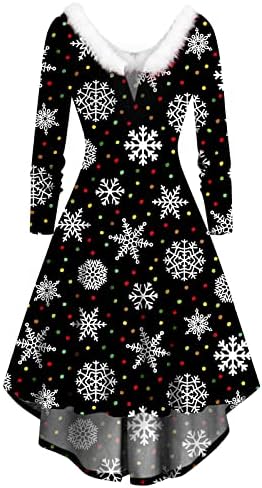 CJHDYM ženske Midi haljine Božićni Print krzneni V-izrez povučeni Dugi rukav Party Swing Dress Festival banket čaj haljina