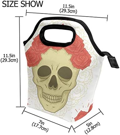 HEOEH Skull Head Rose vijenac torba za ručak Cooler tote torba izolirani Patentni zatvarač kutije za ručak torba za vanjsku školsku